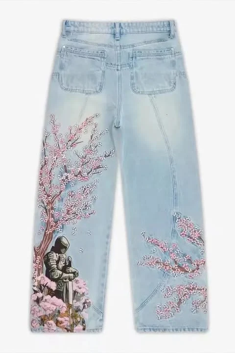 Mavi Sakura Şövalye Nakışlı Y2K Baggy Pantolon - Görsel 2