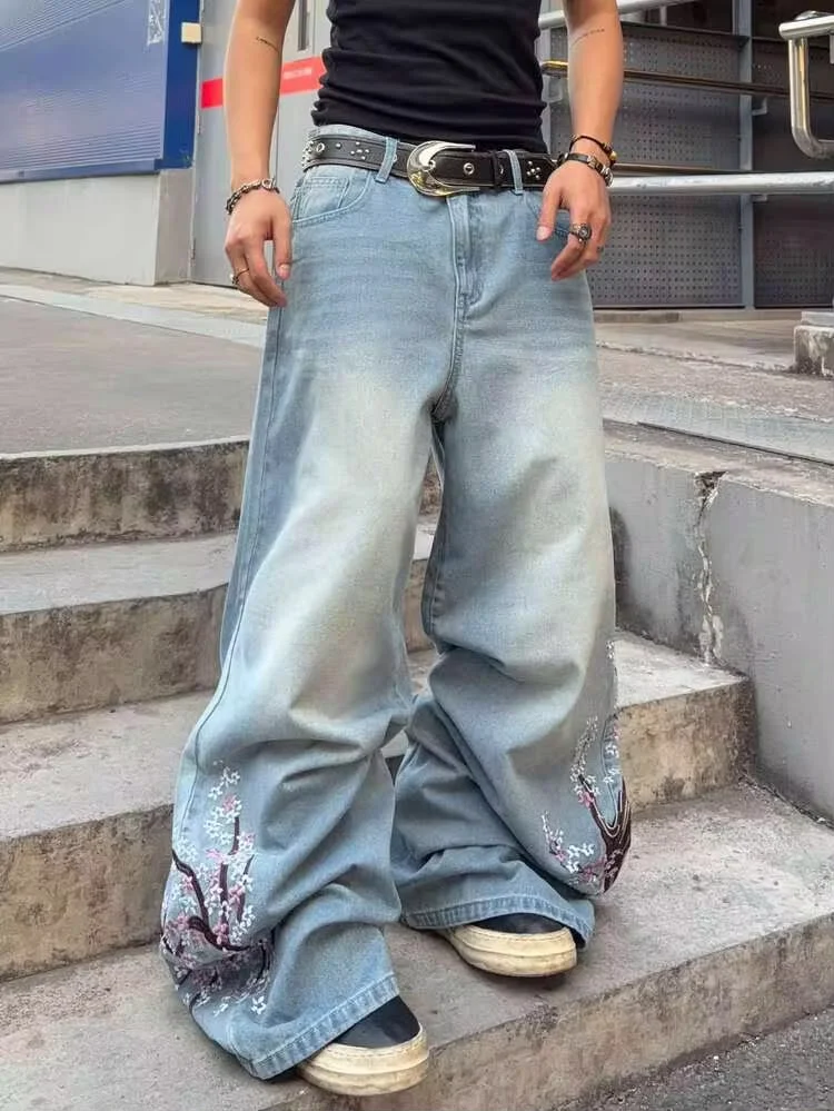 Mavi Sakura Şövalye Nakışlı Y2K Baggy Pantolon - Görsel 4
