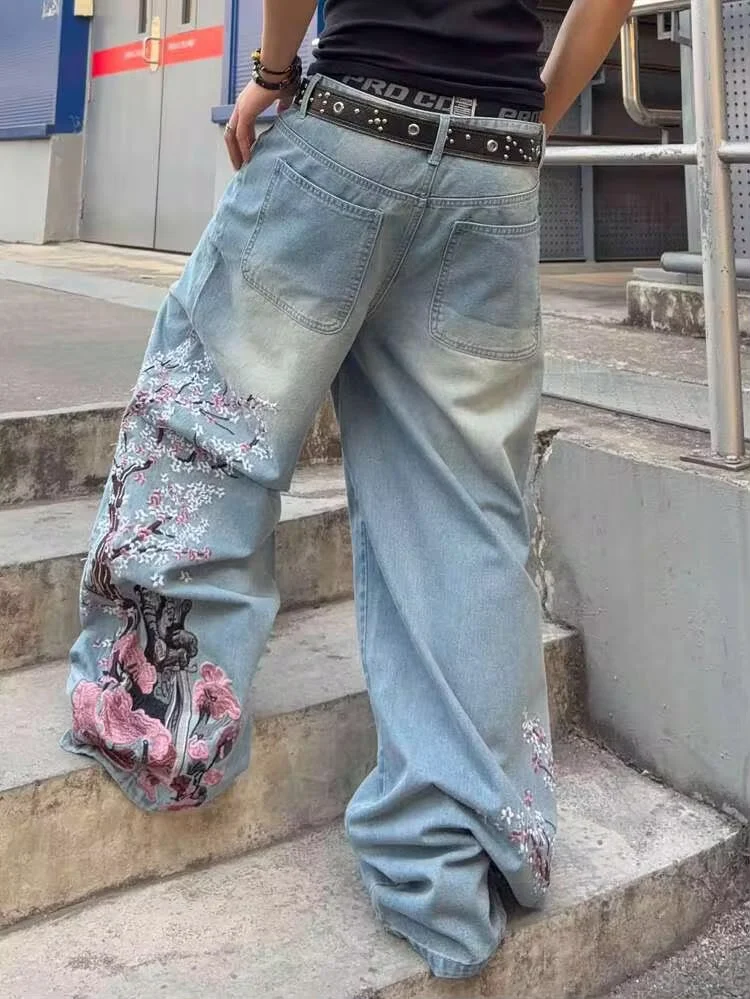Mavi Sakura Şövalye Nakışlı Y2K Baggy Pantolon - Görsel 3