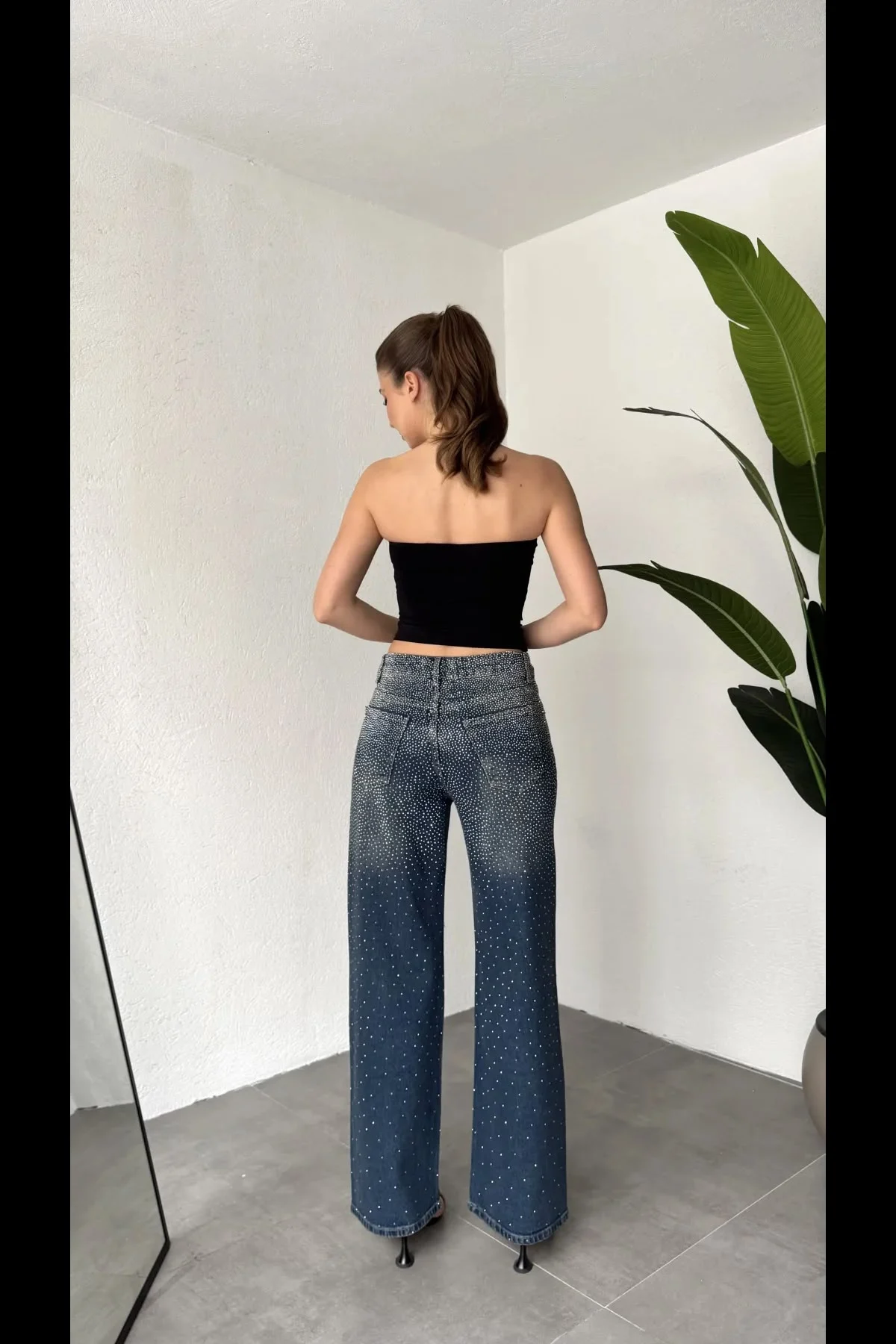 Kadın Koyu Mavi Taşlı Wide Leg Jean Pantolon Yüksek Bel Bol Paça Denim - Görsel 2
